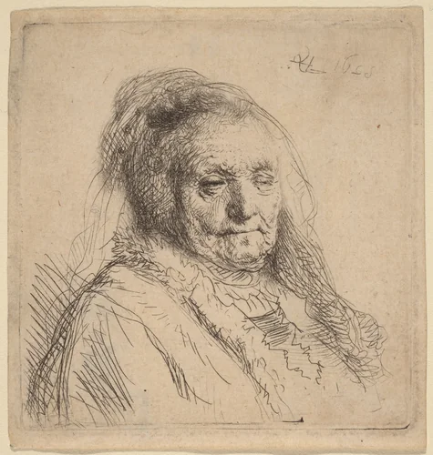 The Artist's Mother, Head and Bust by Rembrandt van Rijn, print, 1628