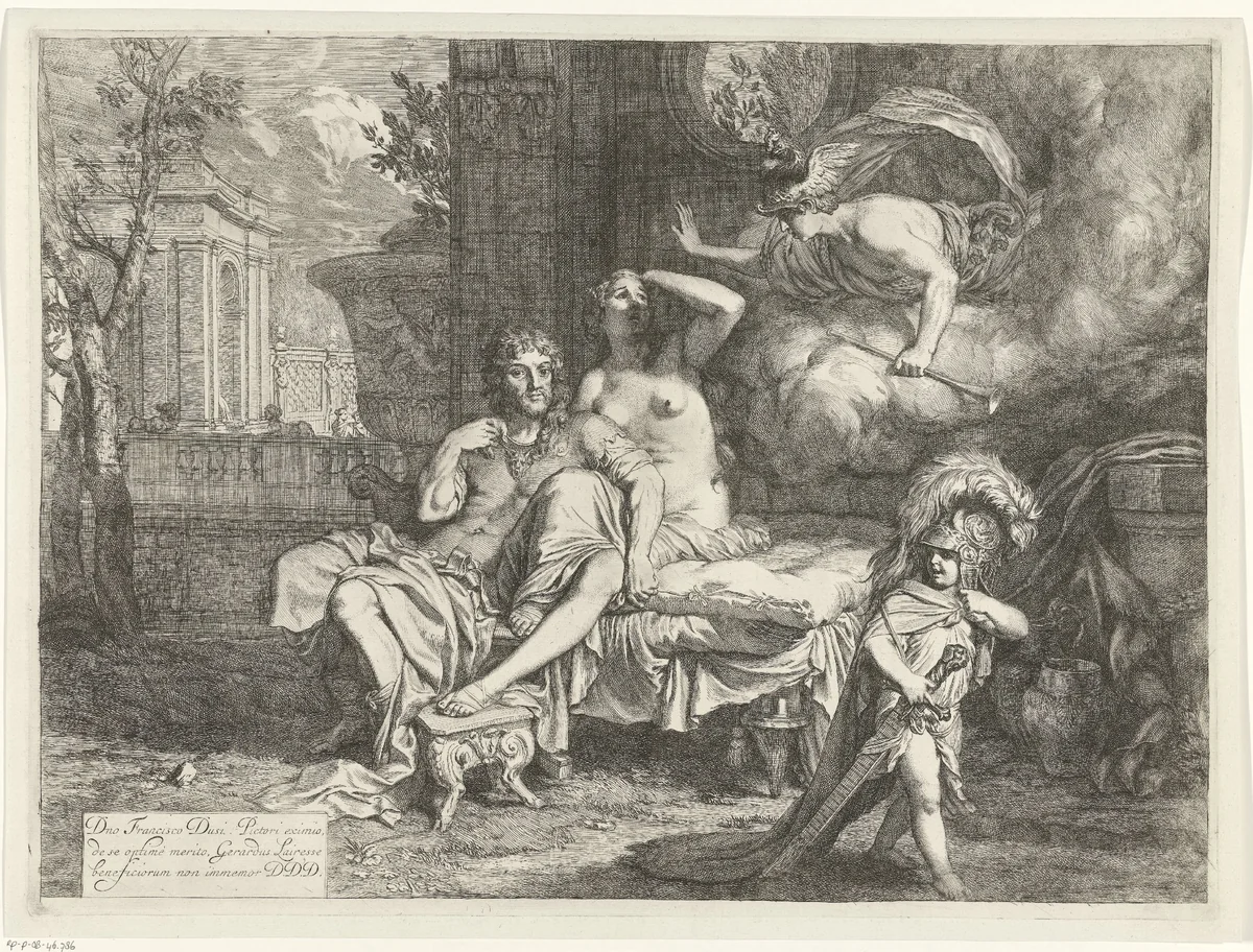 Mercurius beveelt Calypso om Odysseus te laten vertrekken by anonymous, print, 1670