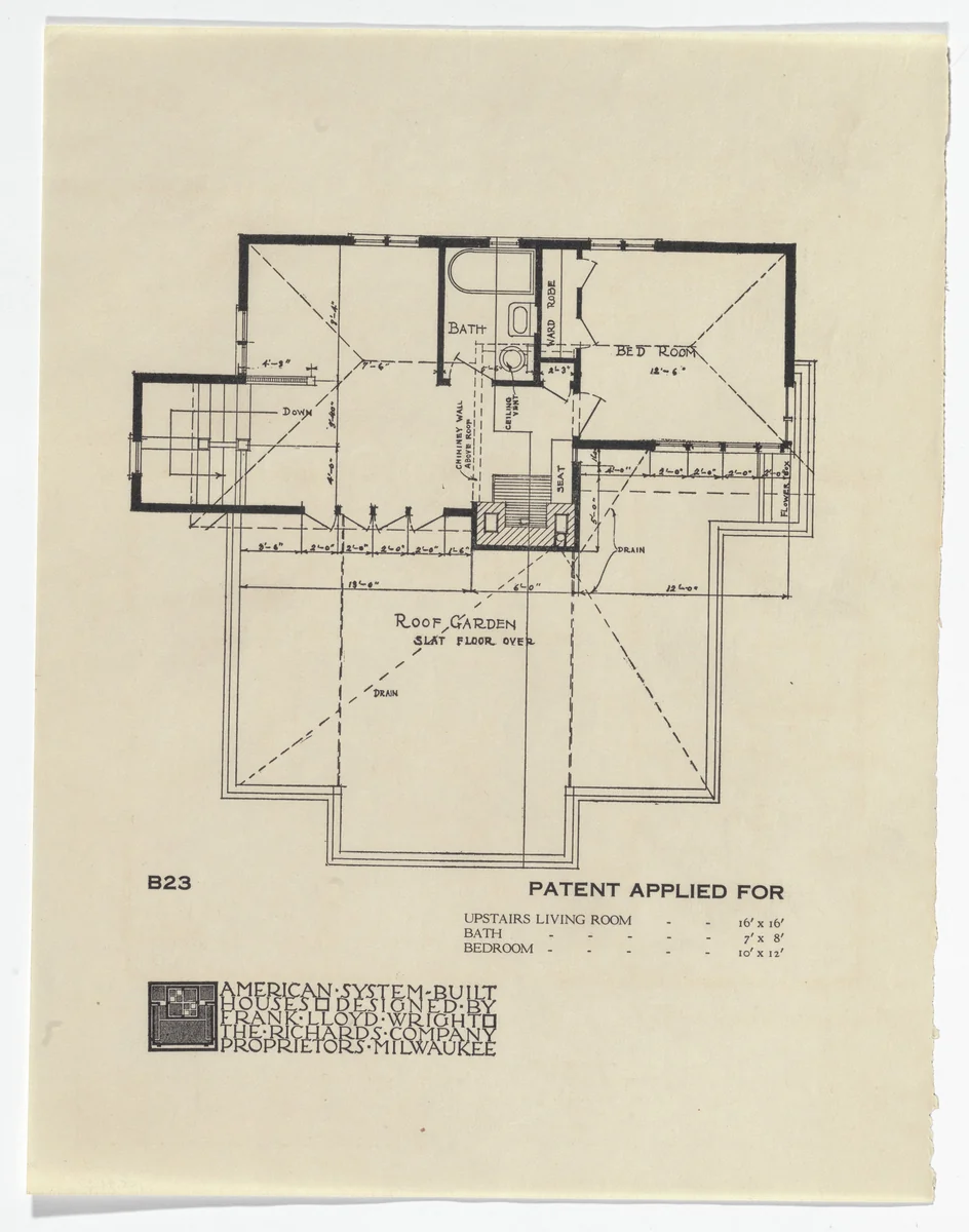 American System-Built Houses for The Richards Company project, Milwaukee, Wisconsin (Plan) by Frank Lloyd Wright, architecture, 1915