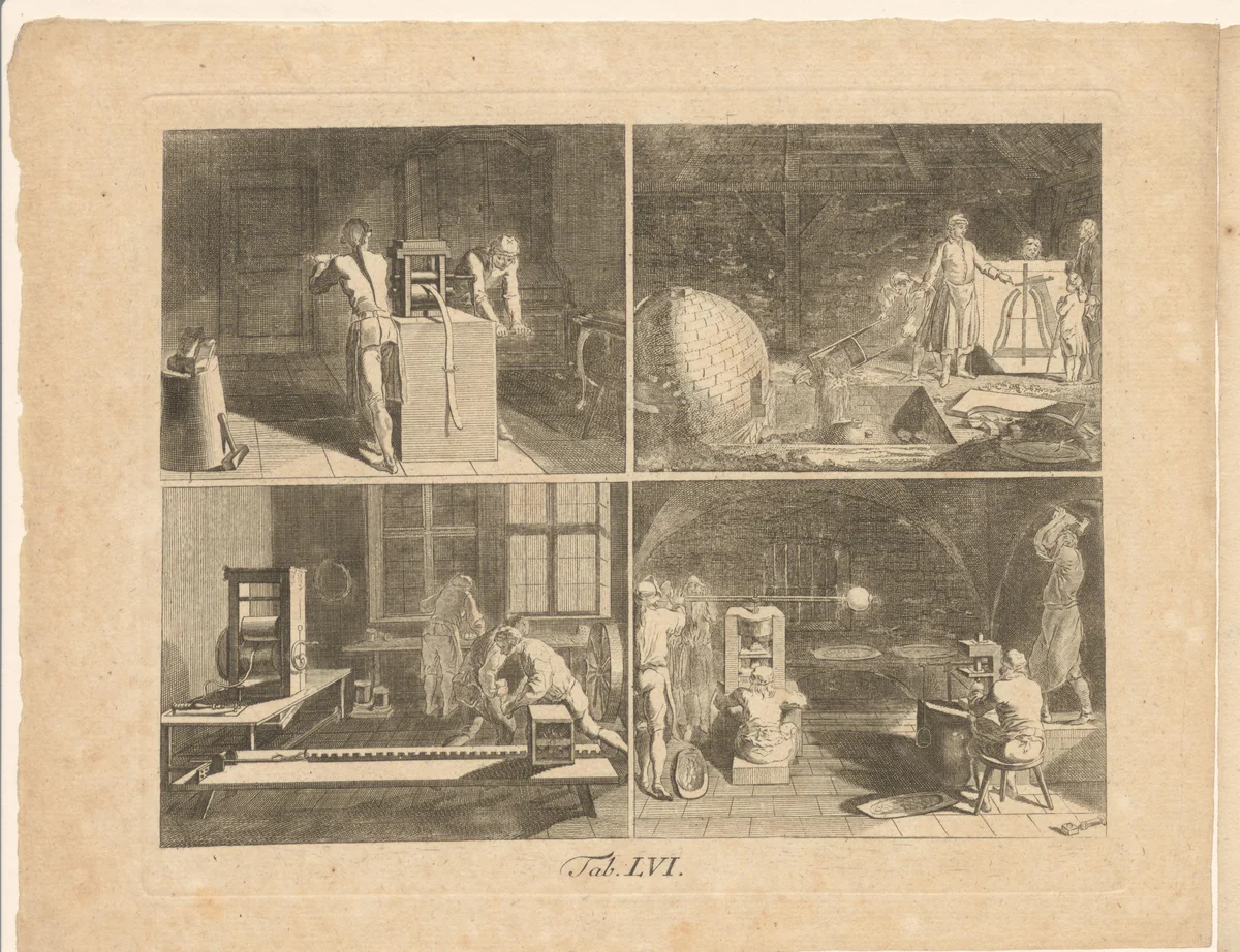 Vier voorstellingen van verschillende industriële werkzaamheden by Johann Conrad Krüger, print, 1774