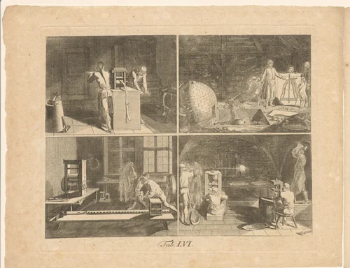 Vier voorstellingen van verschillende industriële werkzaamheden by Johann Conrad Krüger, print, 1774