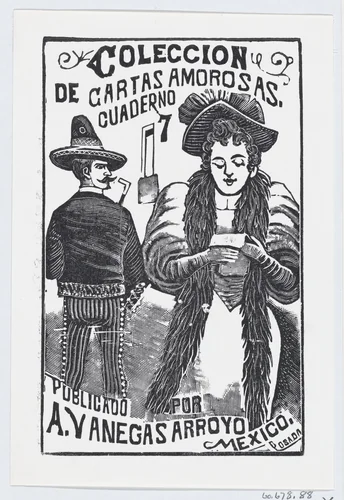 A woman reading a note while a man in the background looks over his shoulder at her, illustration for 'Coleccion de Cartas Amorosas Cuaderno No. 7' by José Guadalupe Posada, print, 1875-1885
