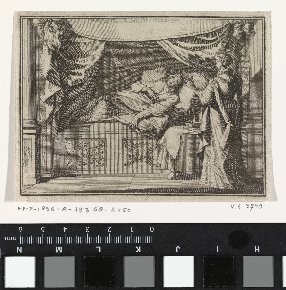 Man met waanvoorstellingen op zijn sterfbed by Caspar Luyken, print, 1710