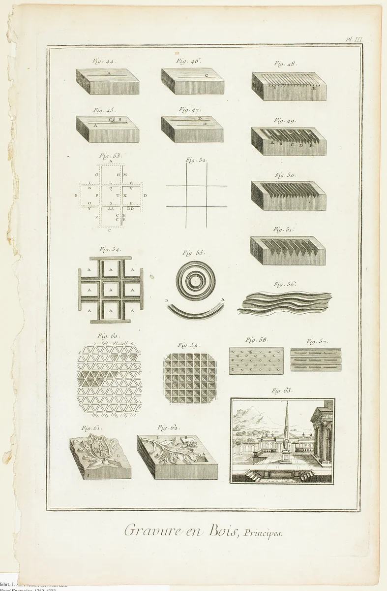 Elements of Wood Engraving, from Encyclopédie by A. J. Defehrt, print, 1762-1777