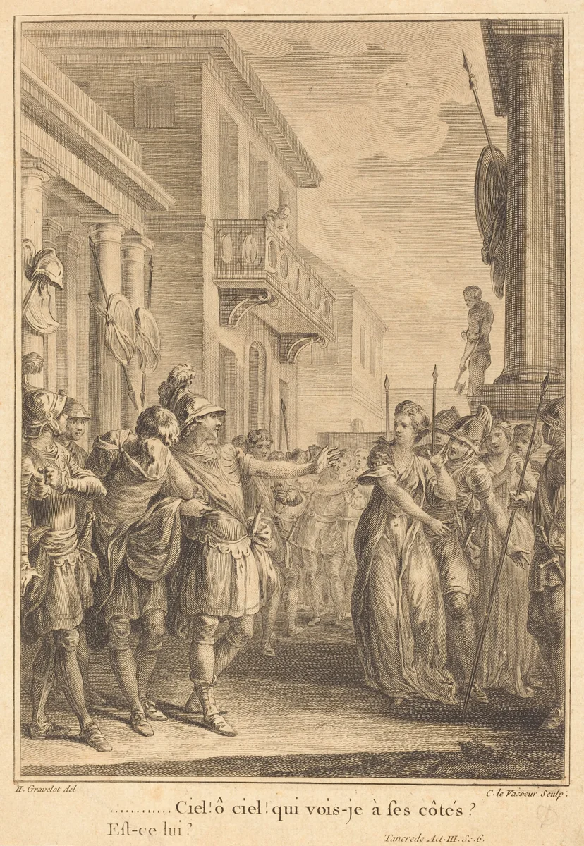 Ciel! ô ciel! qui vois-je à ses côtés? by Jean Charles Levasseur; Hubert François Gravelot, print, 1734-1816