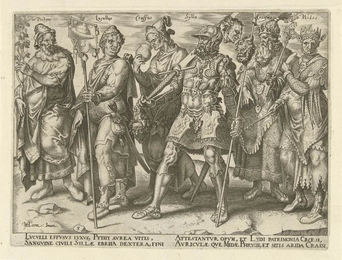 Beroemde en beruchte rijkaards by Philips Galle, print, 1563