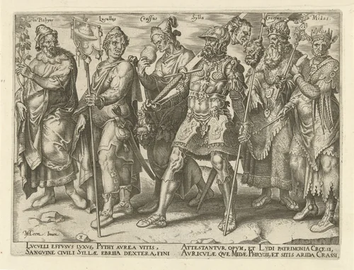 Beroemde en beruchte rijkaards by Philips Galle, print, 1563