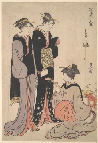 Two Courtesans and a Geisha by Torii Kiyonaga (鳥居清長), print, 1773-1793