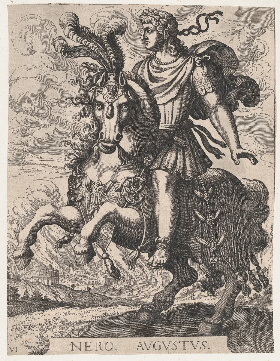Plate 6: Emperor Nero on Horseback, from 'The First Twelve Roman Caesars', after Tempesta by Matthäus Merian, print, 1610-1650
