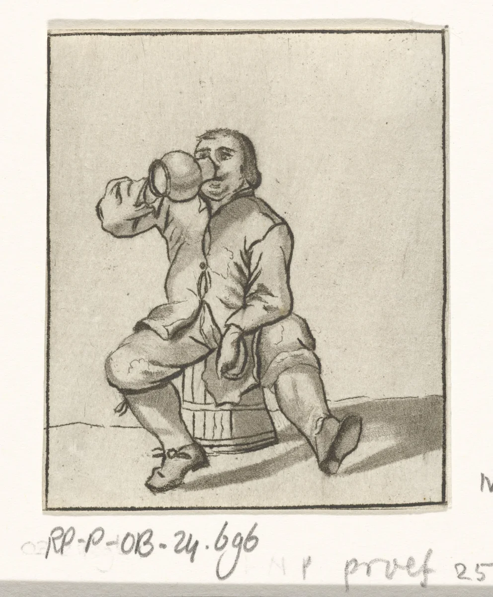 Drinkende man zittend op een ton by Cornelis Ploos van Amstel, print, 1736-1798