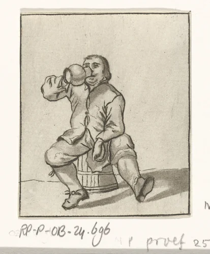Drinkende man zittend op een ton by Cornelis Ploos van Amstel, print, 1736-1798