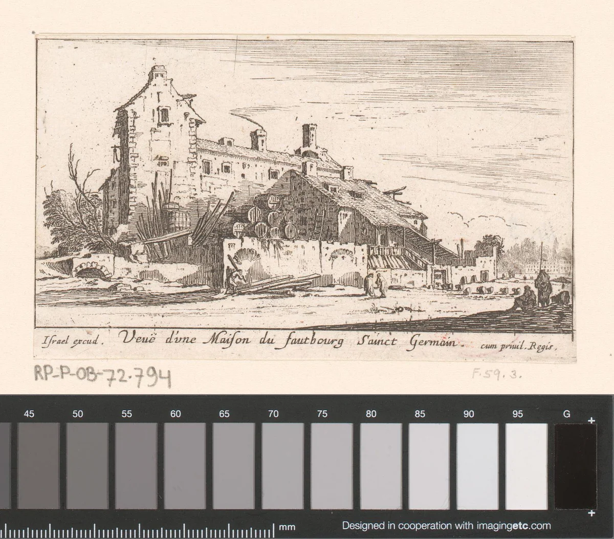 Huis waartegen vaten opgestapeld liggen by Israël Silvestre, print, 1631-1661
