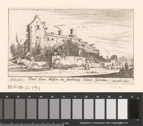 Huis waartegen vaten opgestapeld liggen by Israël Silvestre, print, 1631-1661