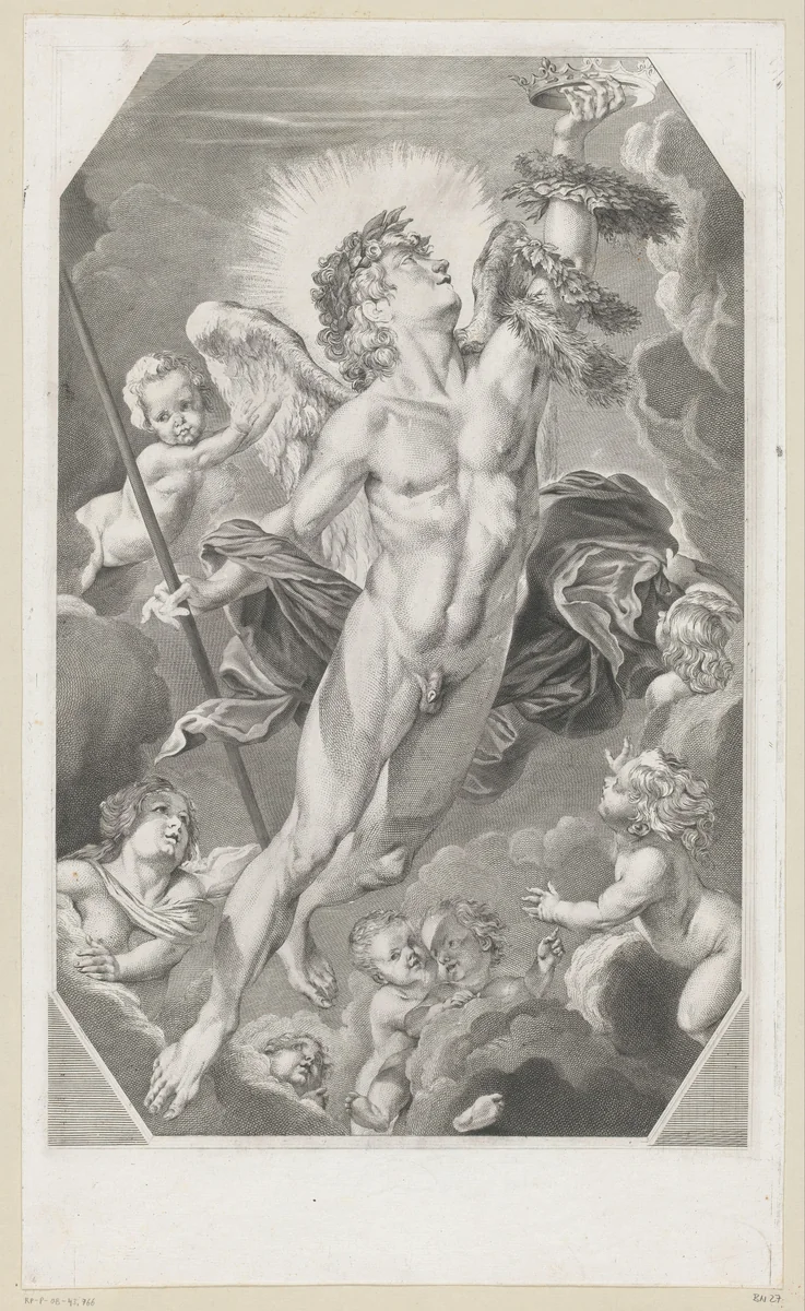 Naakte engel met kransen en kroon omringd door putti by Claude Donat Jardinier, print, 1757