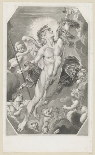 Naakte engel met kransen en kroon omringd door putti by Claude Donat Jardinier, print, 1757
