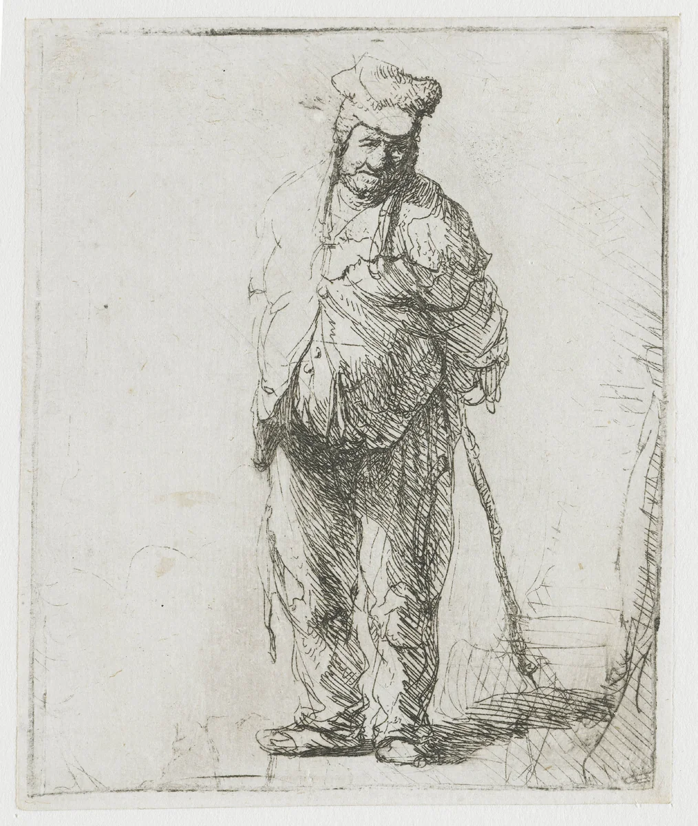 Ragged peasant with his hands behind him, holding a stick by Rembrandt van Rijn, print, 1630