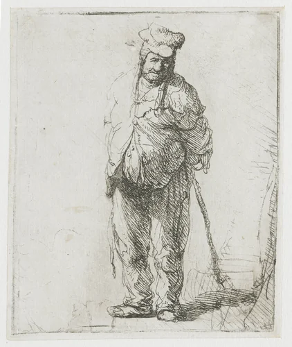 Ragged peasant with his hands behind him, holding a stick by Rembrandt van Rijn, print, 1630