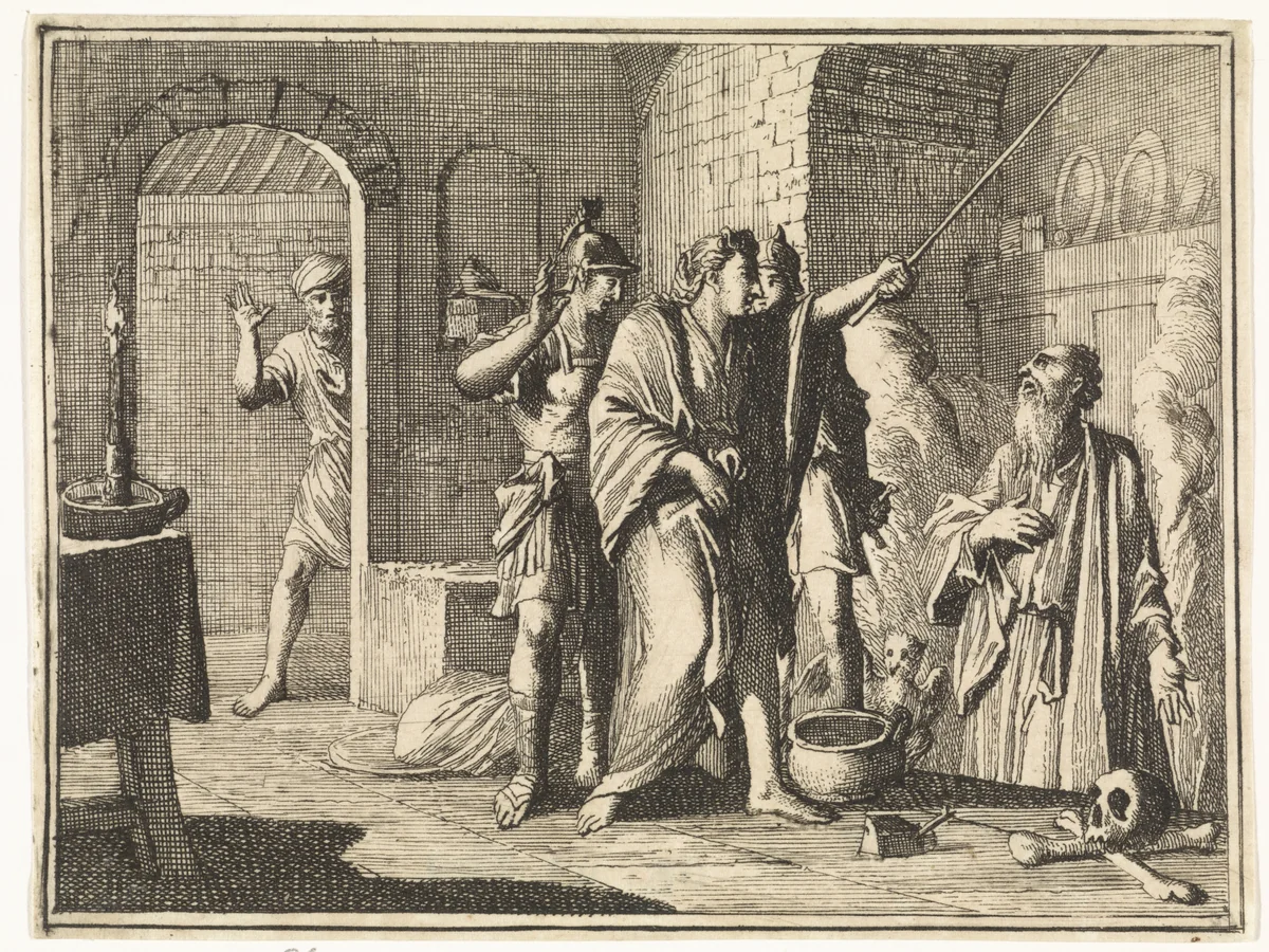 Saul bij de heks van Endor by Caspar Luyken, print, 1712