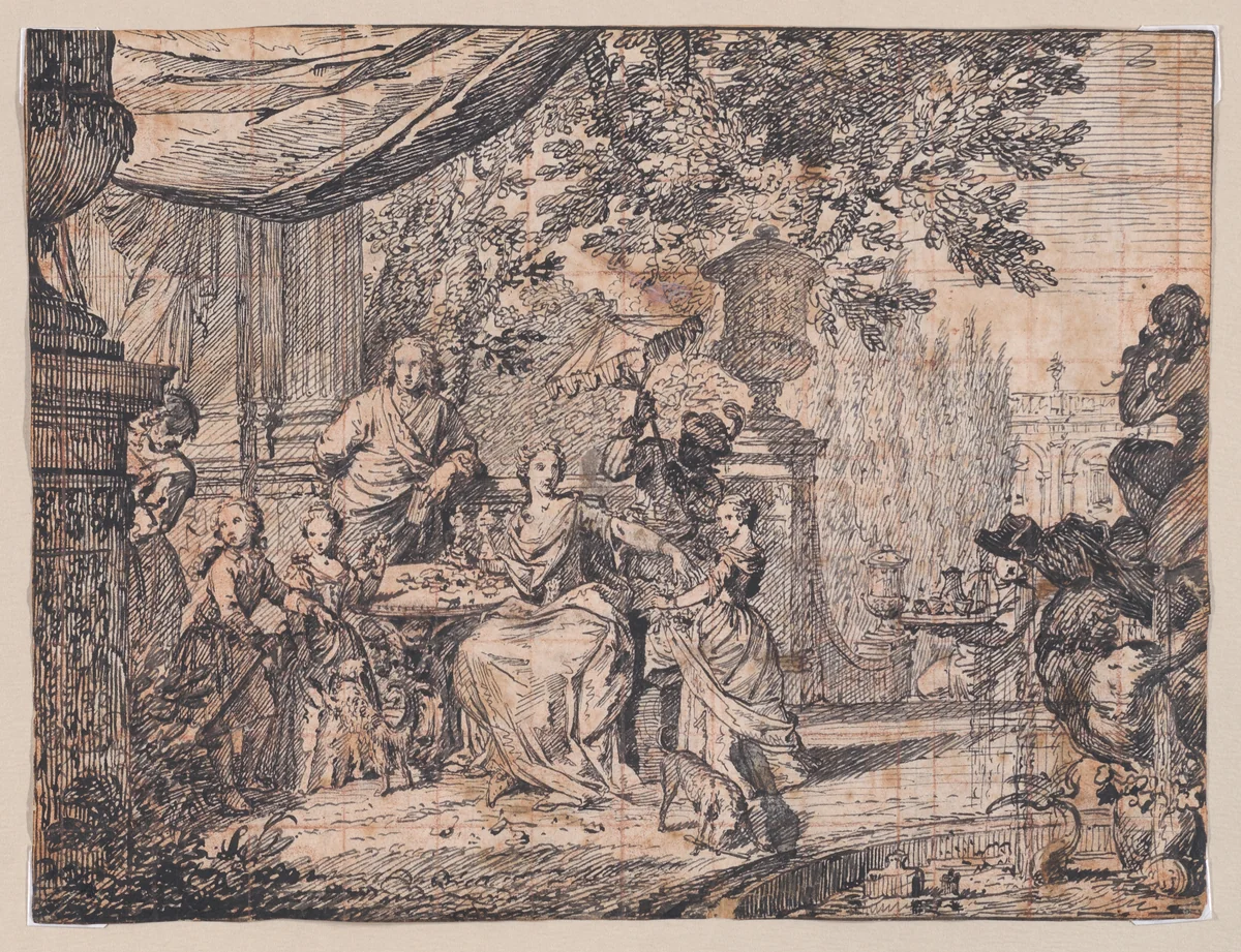 A Family Gathering on a Terrace by anonymous, drawing, 1700-1750