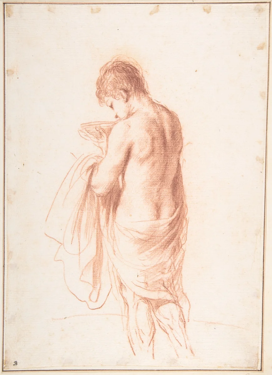 Standing Youth Seen from Behind Holding a Bowl (Ganymede?) by Guercino, drawing, 1630-1650