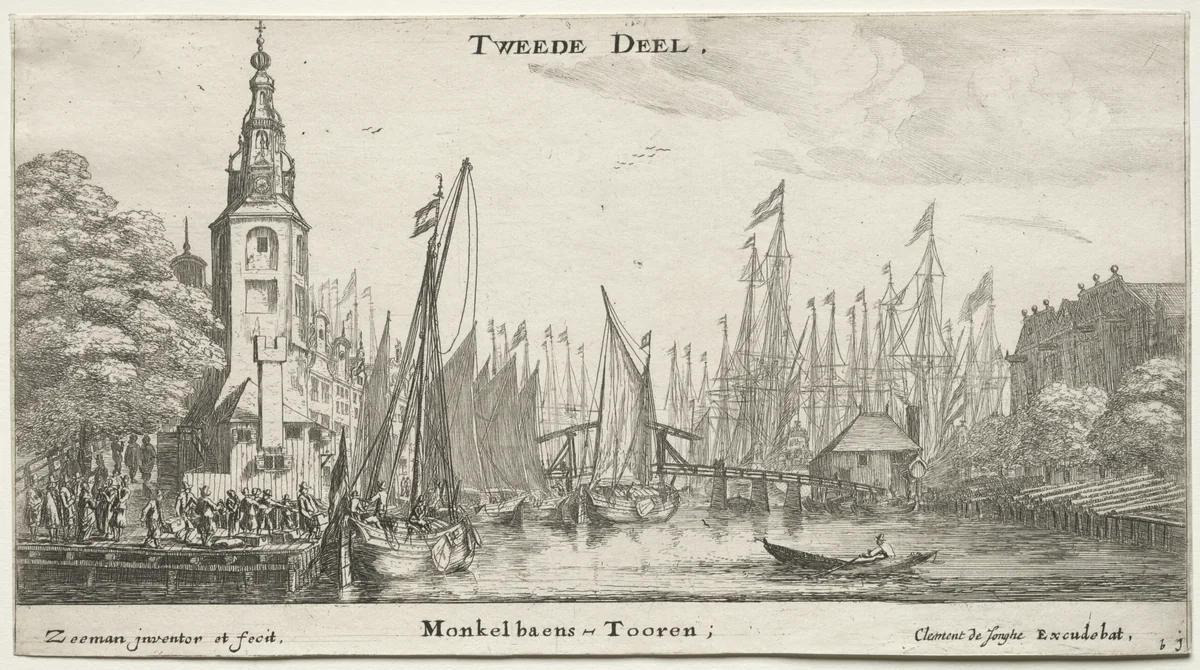 Various Ships and Views of Amsterdam (Verscheÿde Schepen en Gesichten van Amstelredam), Part II: Canal near Amsterdam and Tower of Monkel by Clement de Jonghe, print, 1652-1654