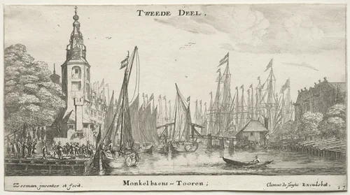 Various Ships and Views of Amsterdam (Verscheÿde Schepen en Gesichten van Amstelredam), Part II: Canal near Amsterdam and Tower of Monkel by Clement de Jonghe, print, 1652-1654