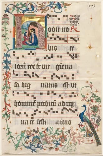 Leaf from an Antiphonary: Initial H with the Nativity (recto) by Unknown, manuscript, 1475-1485