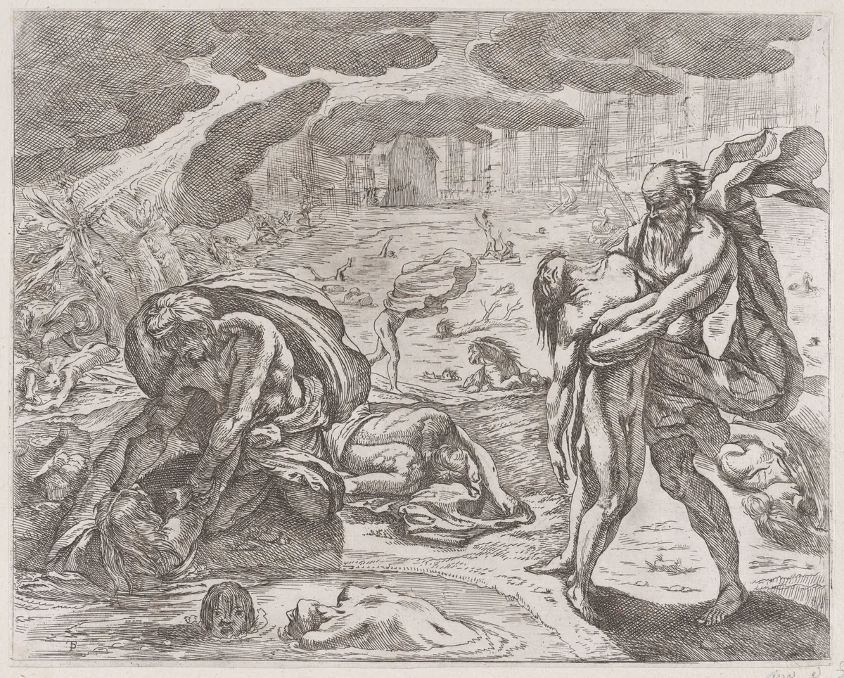 The deluge, figures being pulled from the water by Pietro Testa, print, 1600-1650