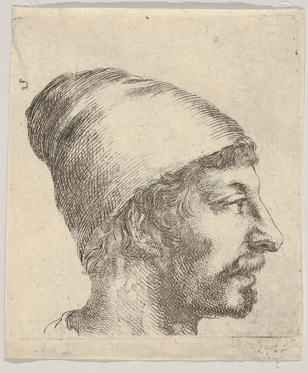 Plate 38: Head of a man with a moustache and cap, facing right in profile, from "Various Portraits" (Recueil de diverses pièces servant à l'art de portraiture) by Stefano della Bella, print, 1645-1650