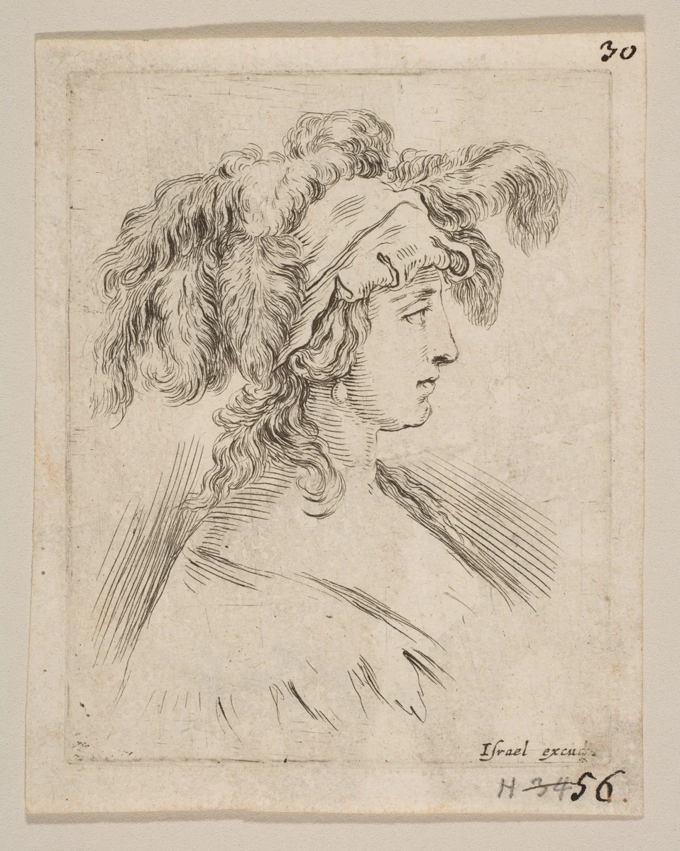Plate 15: mid-bust of a young woman in profile wearing a hat topped with feathers, from 'The Book for Learning to Draw' (Livre pour apprendre à dessiner) by Stefano della Bella, print, 1644-1654