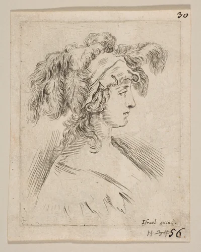 Plate 15: mid-bust of a young woman in profile wearing a hat topped with feathers, from 'The Book for Learning to Draw' (Livre pour apprendre à dessiner) by Stefano della Bella, print, 1644-1654