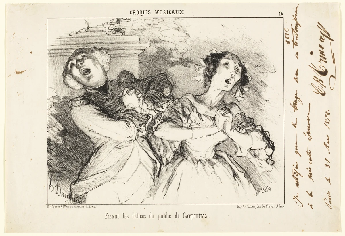 Giving the public the delights of Carpentras, plate 16 from Croquis Musicaux by Honoré-Victorin Daumier, print, 1852