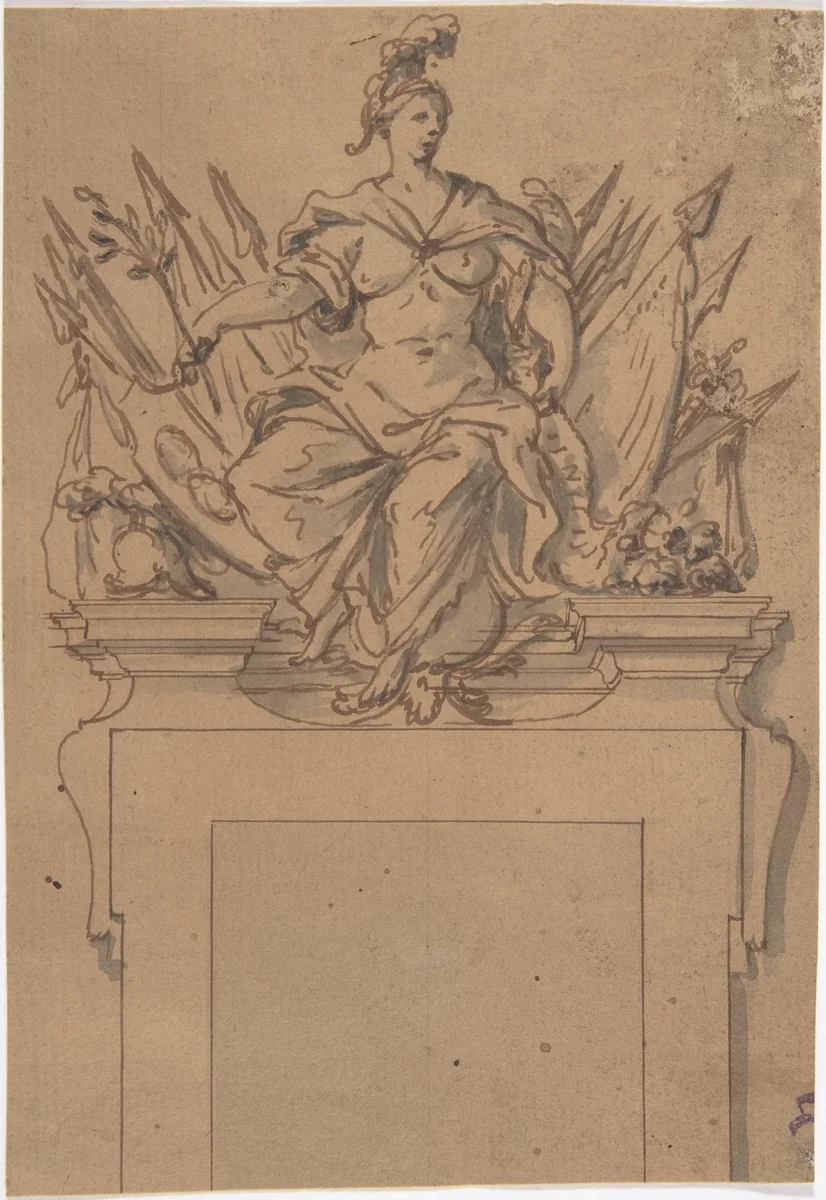 Design for an Overdoor or Chimney Piece with an Armorial Trophy and the personification of Victory by anonymous, drawing, 1700-1799
