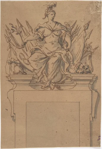 Design for an Overdoor or Chimney Piece with an Armorial Trophy and the personification of Victory by anonymous, drawing, 1700-1799