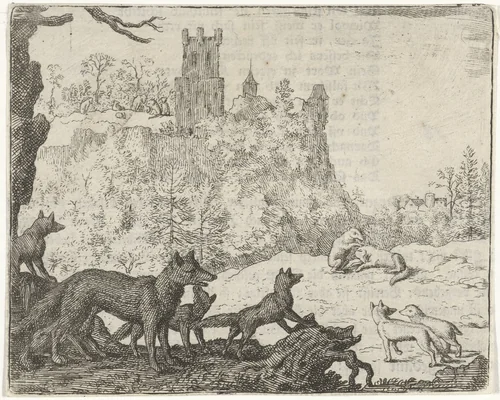 Reinaert de vos en Grimbeert de das op weg naar het gerecht by Allaert van Everdingen, print, 1665-1675