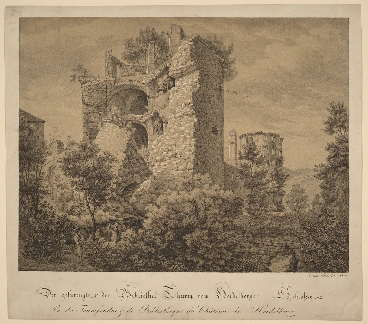 Der Gesprengte und der Bibliotheke Thurm von Heidelberger Schloß (The Exploded Tower and the Library of Heidelberg Castle) by Ernst Fries, print, 1820