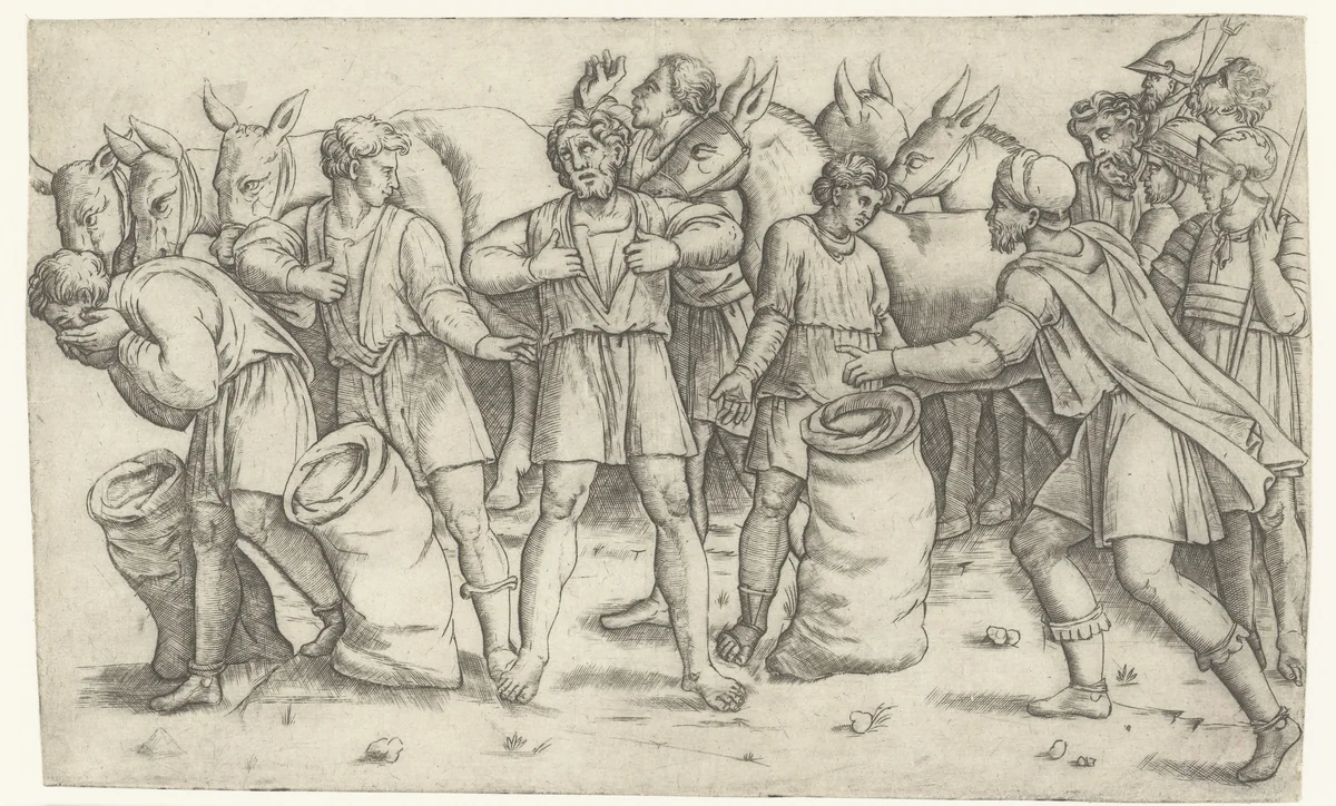 Beker van Jozef wordt in de zak van Benjamin gevonden by Giovanni Antonio da Brescia, print, 1518-1522
