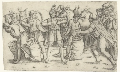 Beker van Jozef wordt in de zak van Benjamin gevonden by Giovanni Antonio da Brescia, print, 1518-1522