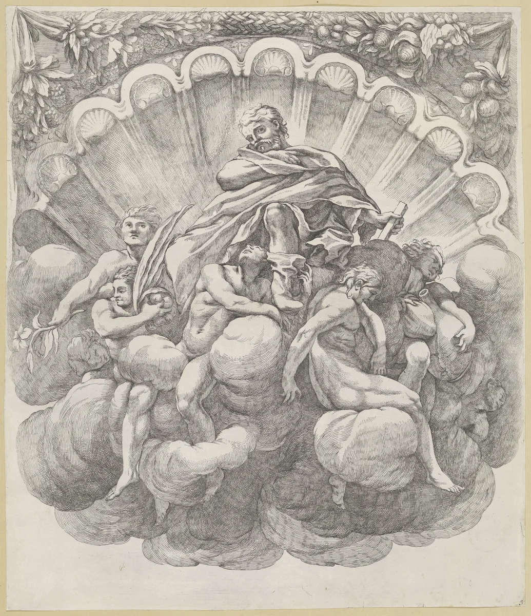 Heilige met zeven engelen by Giovanni Battista Vanni, print, 1609-1660
