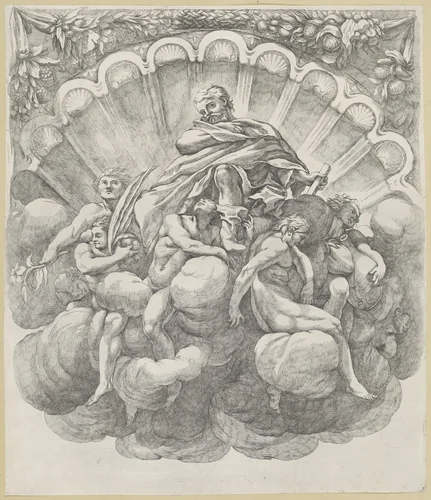 Heilige met zeven engelen by Giovanni Battista Vanni, print, 1609-1660
