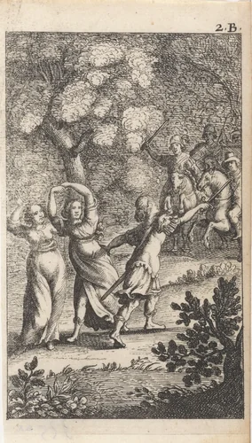 Man beschermt twee vrouwen tegen een aanval by Abraham Dircksz. Santvoort, print, 1667