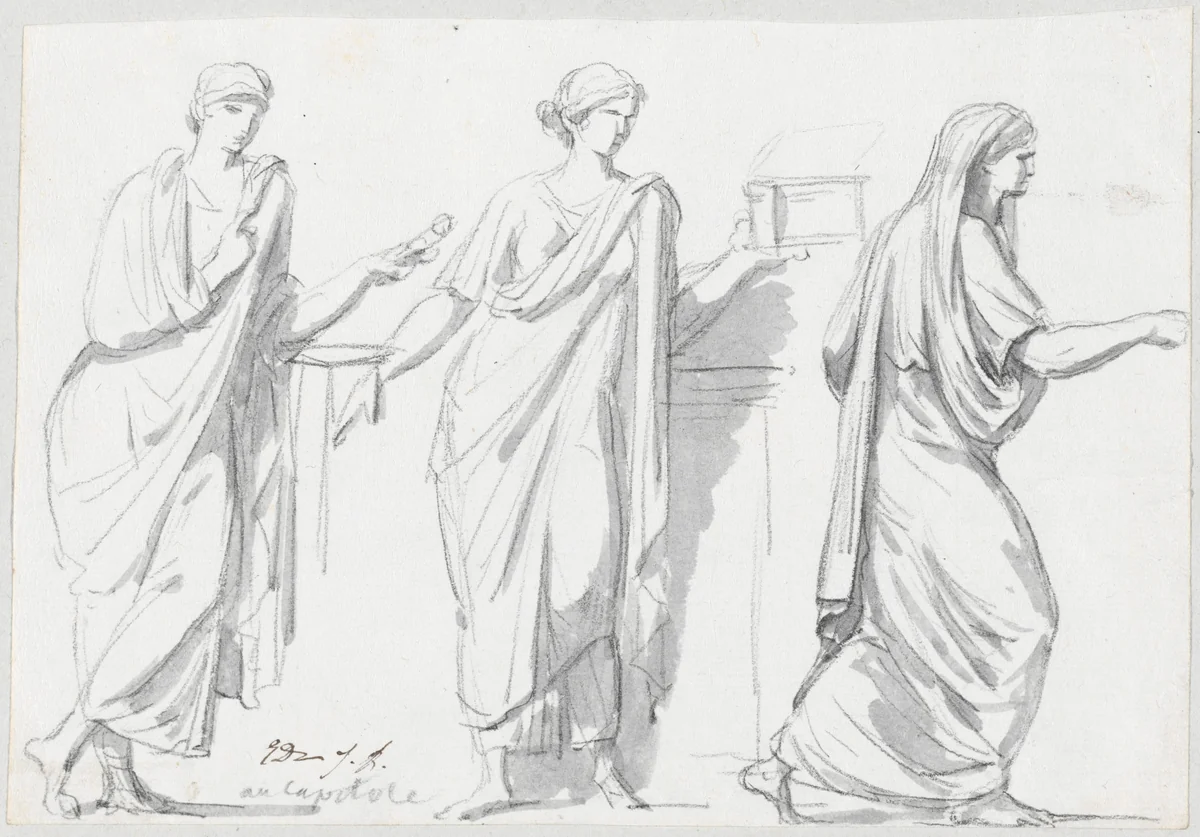 Figures from the Sarcophagus of the Muses by Jacques-Louis David, drawing, 1775-1780