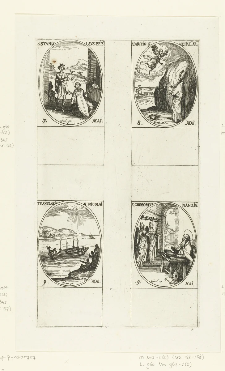 Heilige Stanislaus van Kraków, Aartsengel Michaël, Translatie van Nicolaas van Myra's stoffelijke resten, Heilige Gregorius van Nazianze de Jongere (7-9 mei) by Jacques Callot, print, 1632-1636