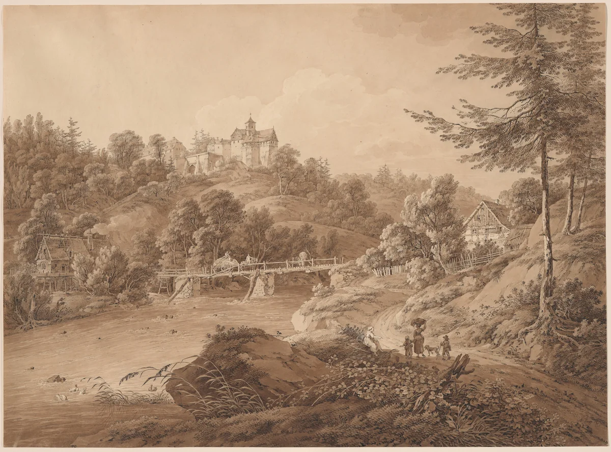 Rauenstein Castle Seen from the River's Edge by Adrian Zingg, drawing, 1800