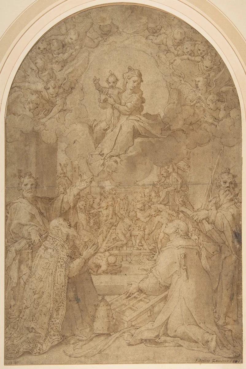 The Virgin and Child Appearing to Saint Peter, Saint Damasus, Saint Lawrence, and Saint Paul; the Martyrdom of Saint Lawrence in the Background by Federico Zuccaro, drawing, 1566-1568