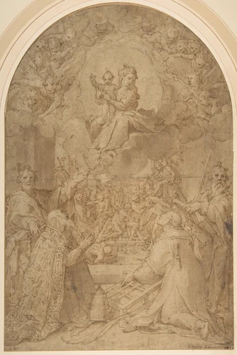 The Virgin and Child Appearing to Saint Peter, Saint Damasus, Saint Lawrence, and Saint Paul; the Martyrdom of Saint Lawrence in the Background by Federico Zuccaro, drawing, 1566-1568
