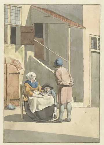 Jongen en vrouw met kind voor een huis by W. Barthautz, drawing, 1700-1800