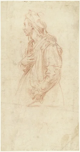Studie van een staande jonge vrouw, en profil naar links by Bernardino Poccetti, drawing, 1604