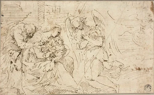 Holy Family with Angel by Jacopo Negretti, drawing, 1520-1530