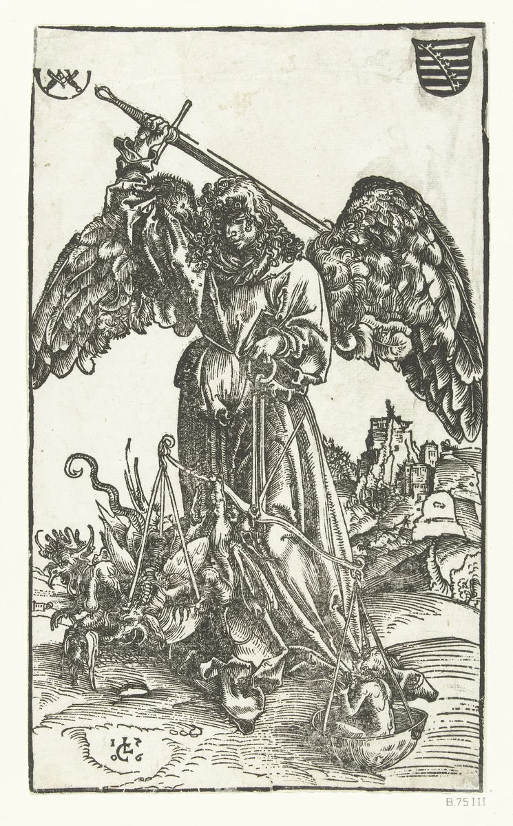 Aartsengel Michaël doodt Satan en weegt een ziel by Unknown, print, 1506